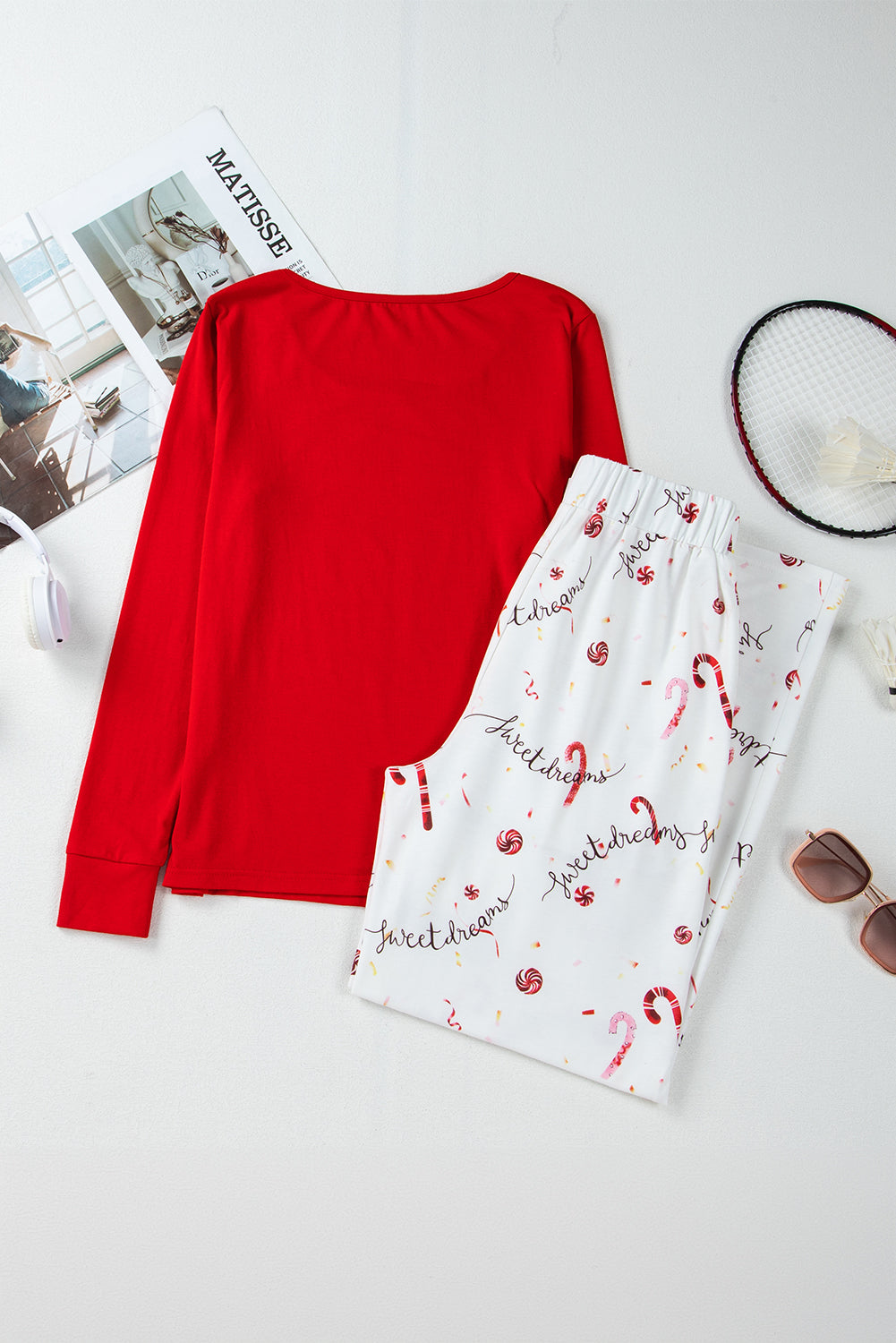 Red Solid Top and Christmas Pants Two Piece Lounge Set