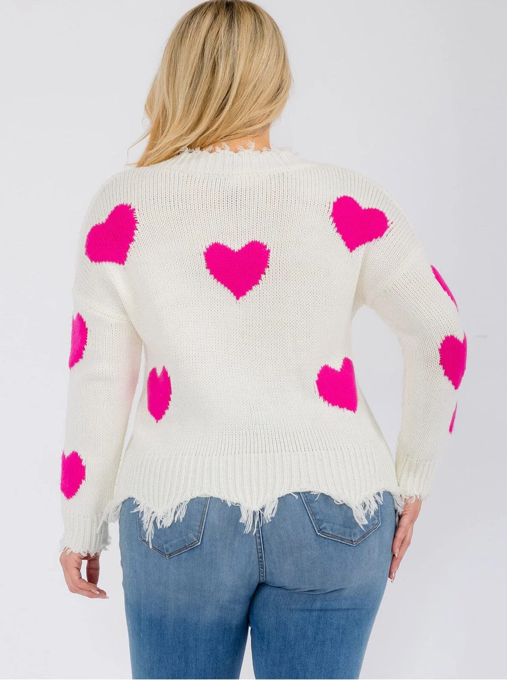 PLUS V-Neck Trim Detailed Hearts Pullover Sweater