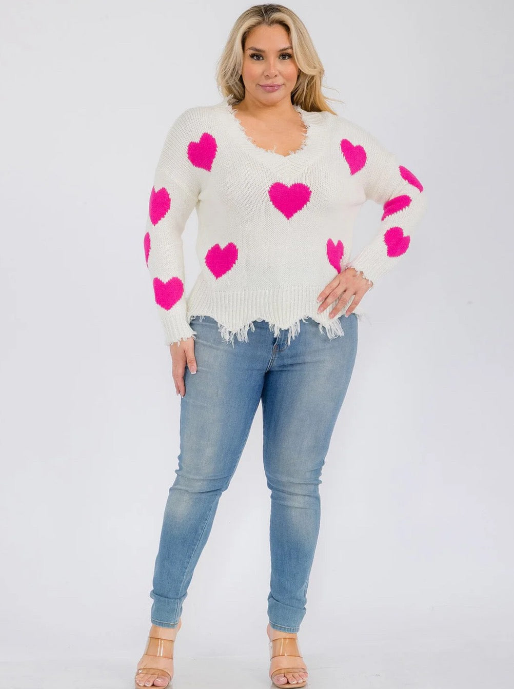 PLUS V-Neck Trim Detailed Hearts Pullover Sweater