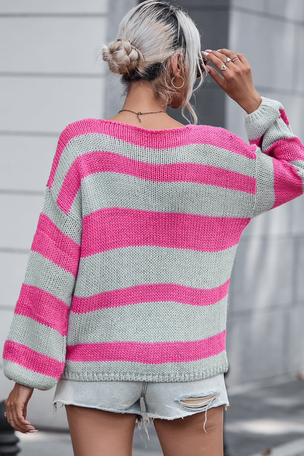 Rose Striped Colorblock Knit V Neck Loose Fit Sweater