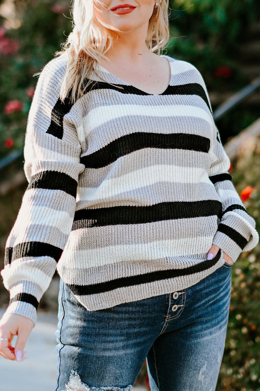 Striped Cut Out Back Plus Size Sweater