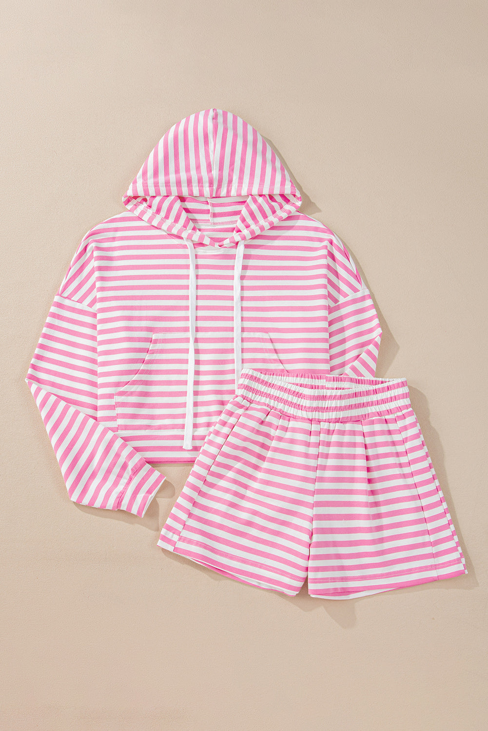 Pink Stripe Kangaroo Pocket Hoodie and Wide Leg Shorts Set