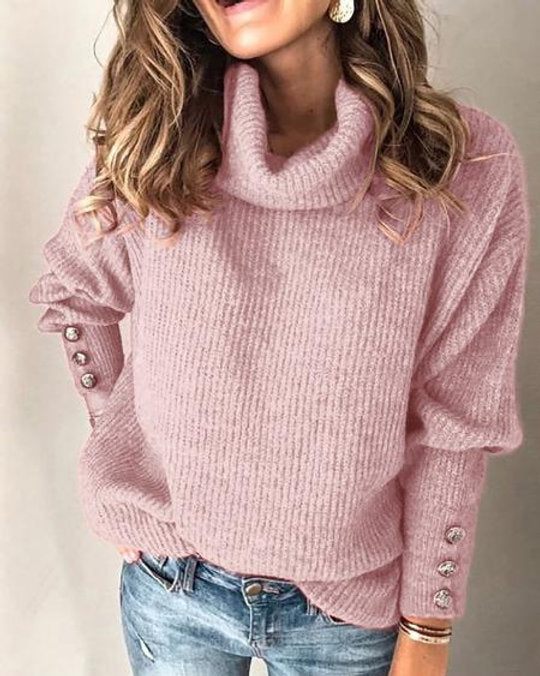 High Neck Lantern Button Sweater Pink
